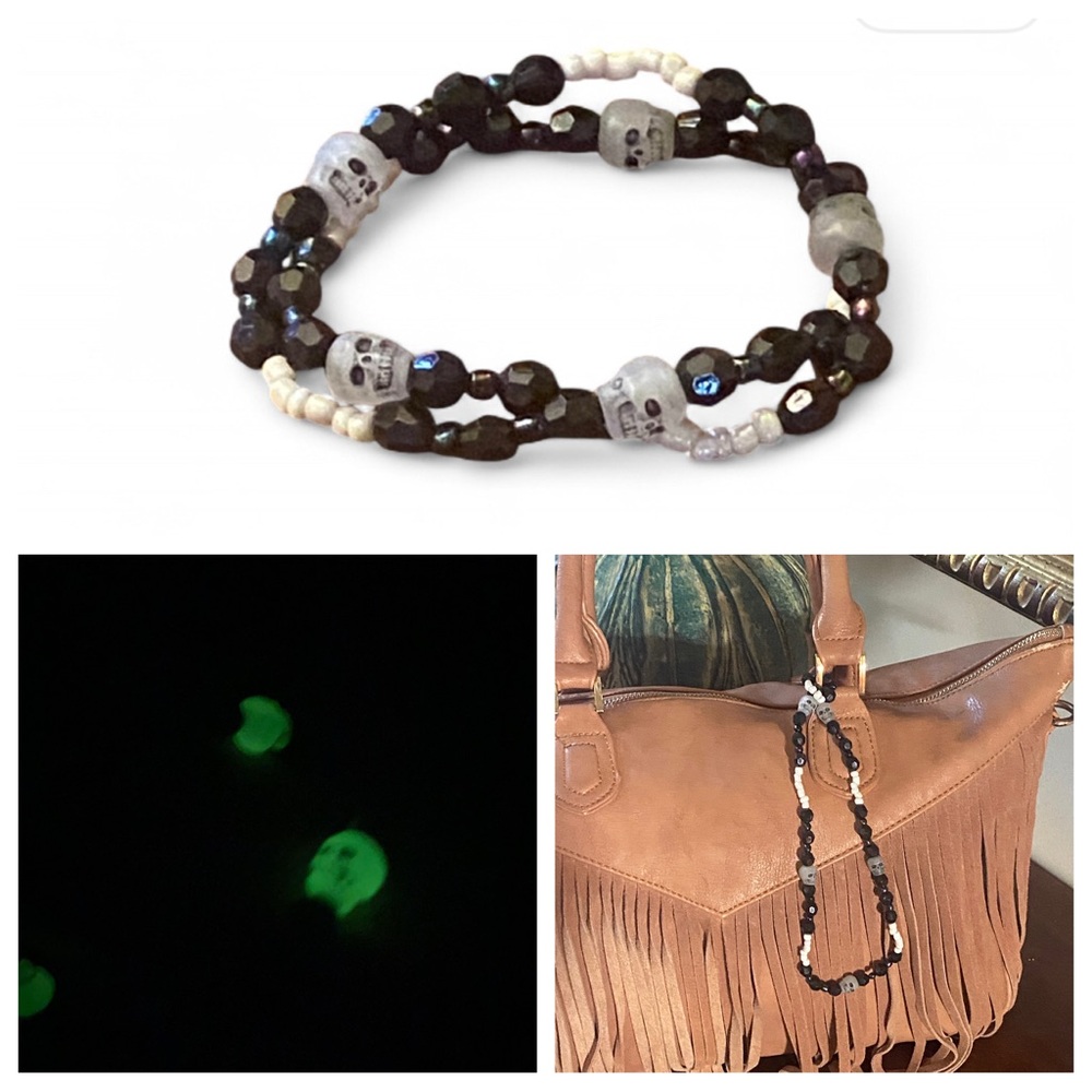Handmade Glow Skull Beaded Wrap Bracelet Purse Charm Goth Bag Bling 2-in-1